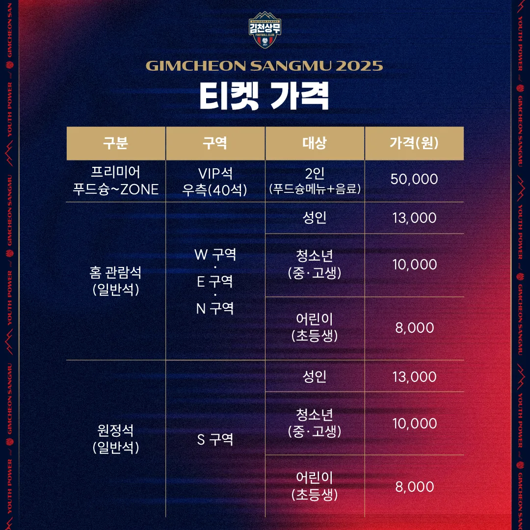 김천상무FC 2025시즌 티켓 가격, 김천종합운동장 좌석배치도, 할인 및 무료입장 안내