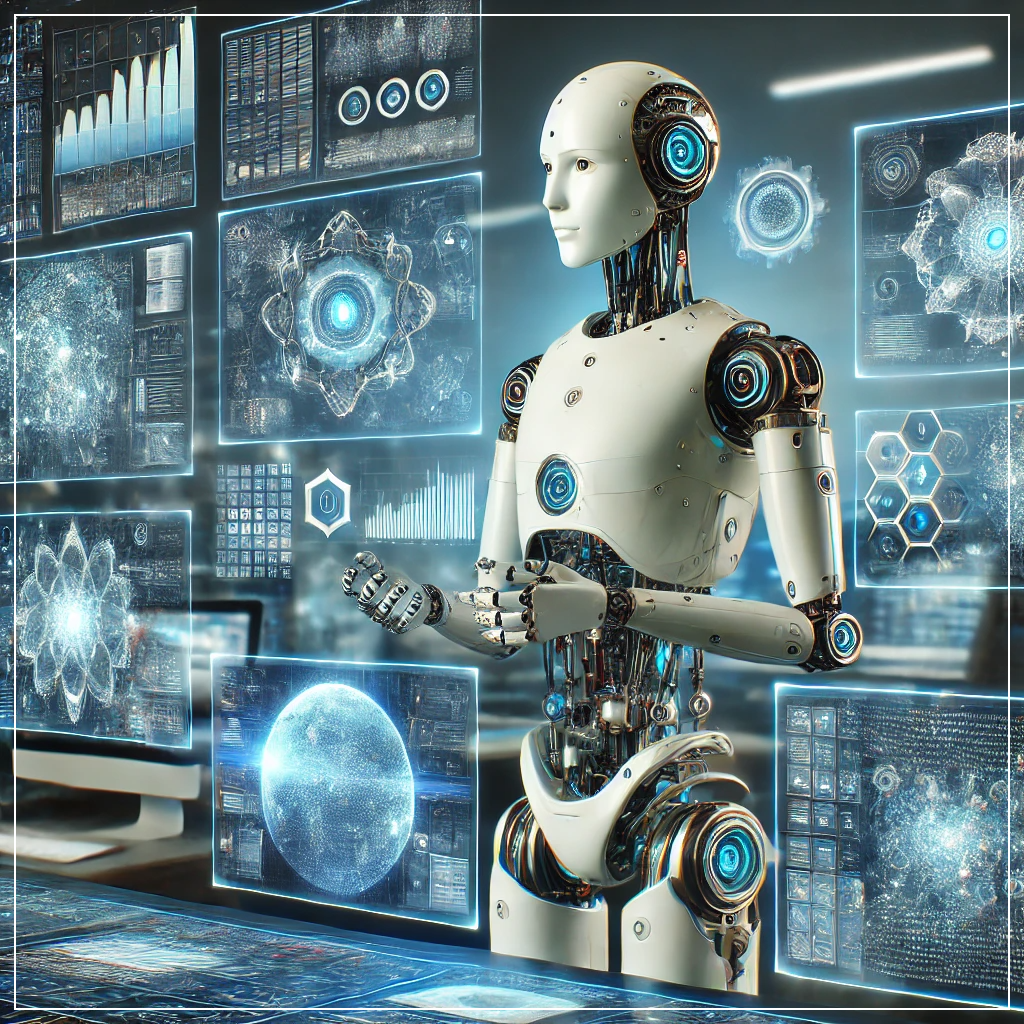 AGI의 미래적 도전 과제를 나타내는 첨단 AI 로봇이 여러 개의 홀로그램 스크린에서 데이터를 분석하는 모습