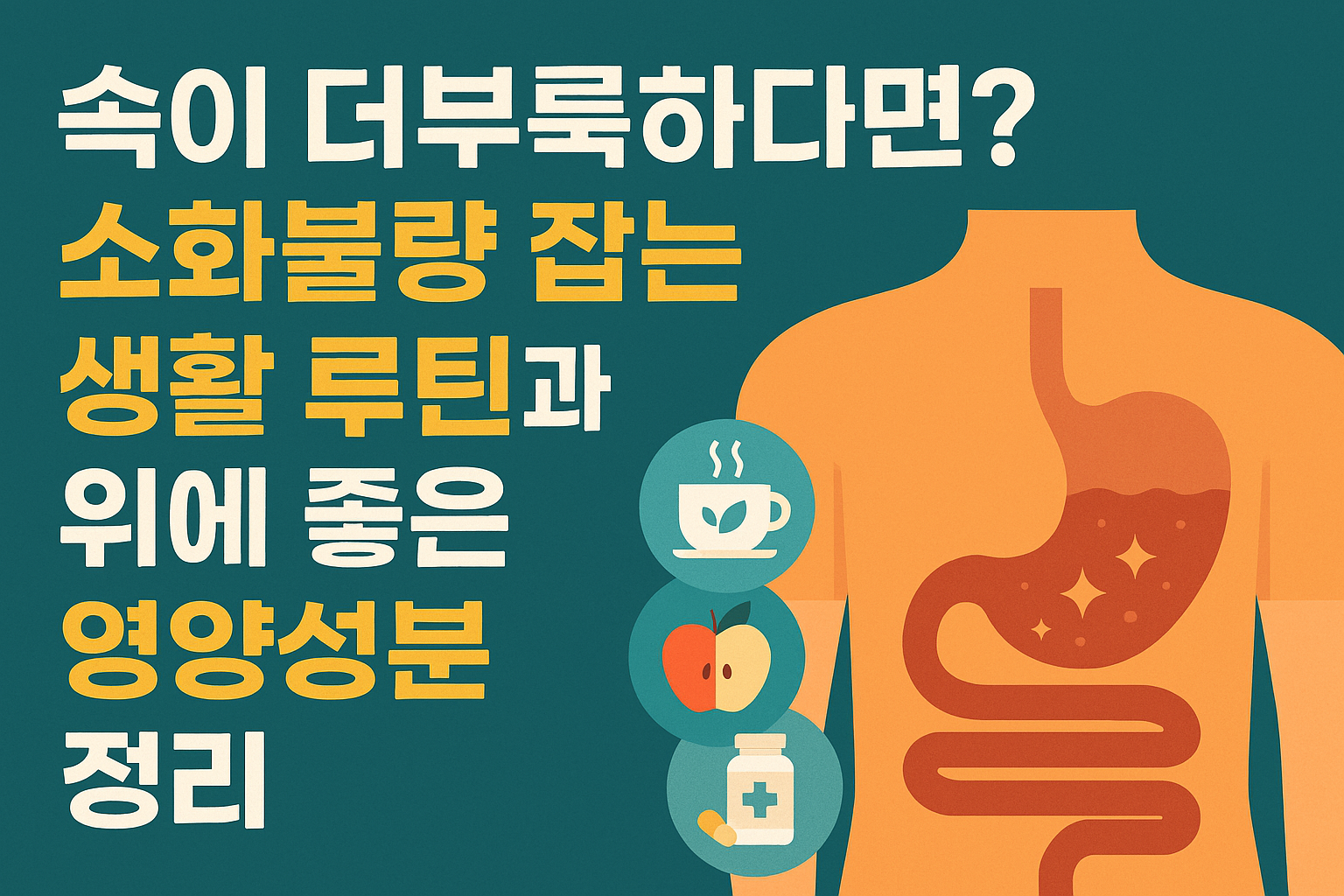 소화불량 잡는 생활 루틴과 위에 좋은 영양성분을 소개하는 일러스트 썸네일