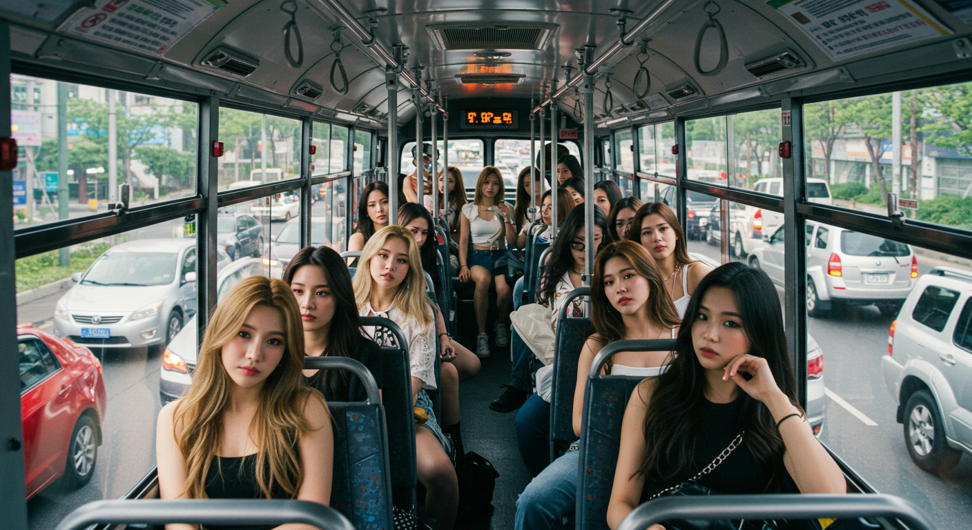 막히는 도로 속 버스의 여인들