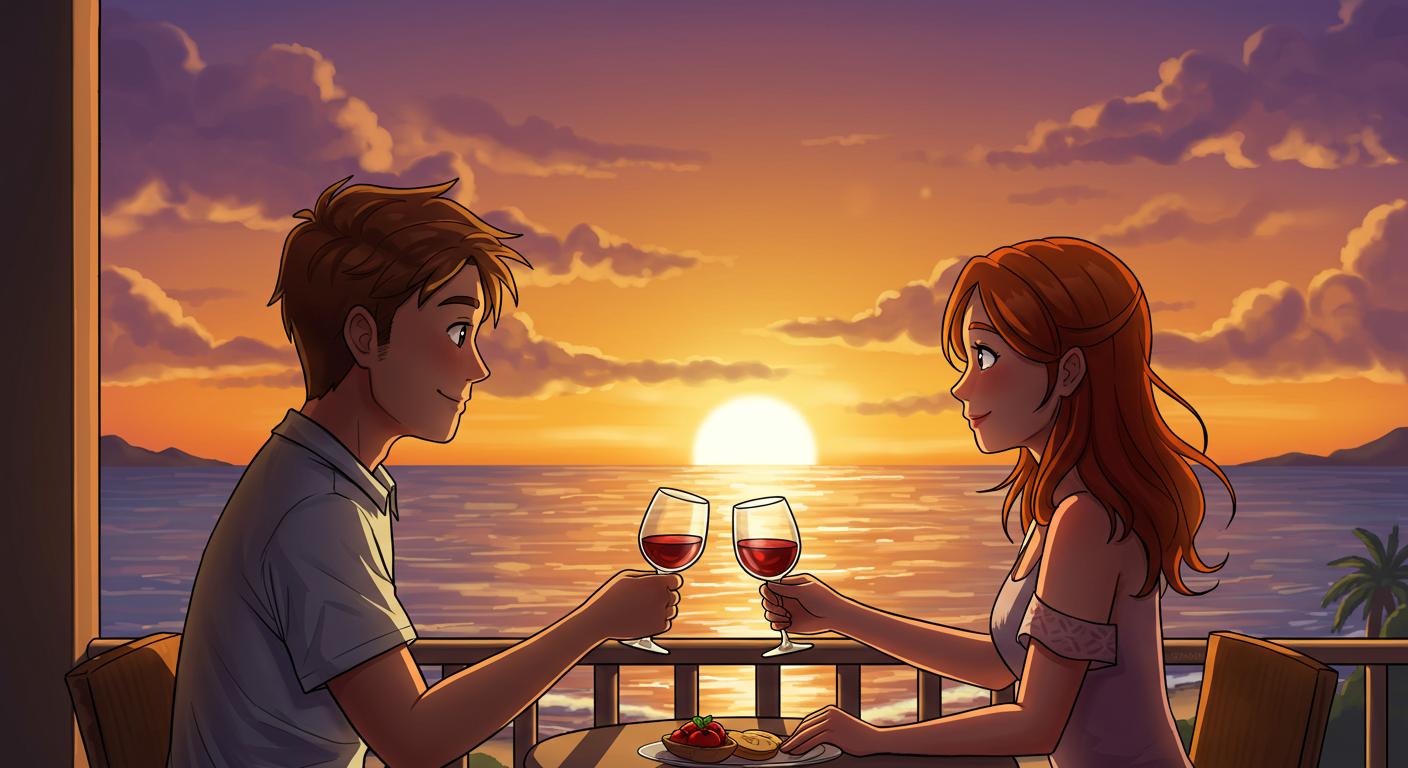 호텔 발코니에서 바라보는 바다 일몰