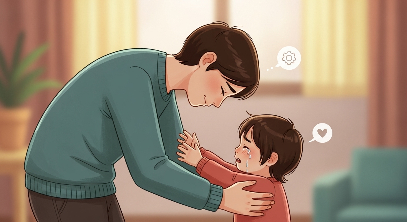 T성향의 부모가 F성향의 우는 아이를 따뜻하게 안아주는 모습. 아이의 성향에 맞춰 소통 방식을 바꾸려는 부모의 노력을 보여준다.