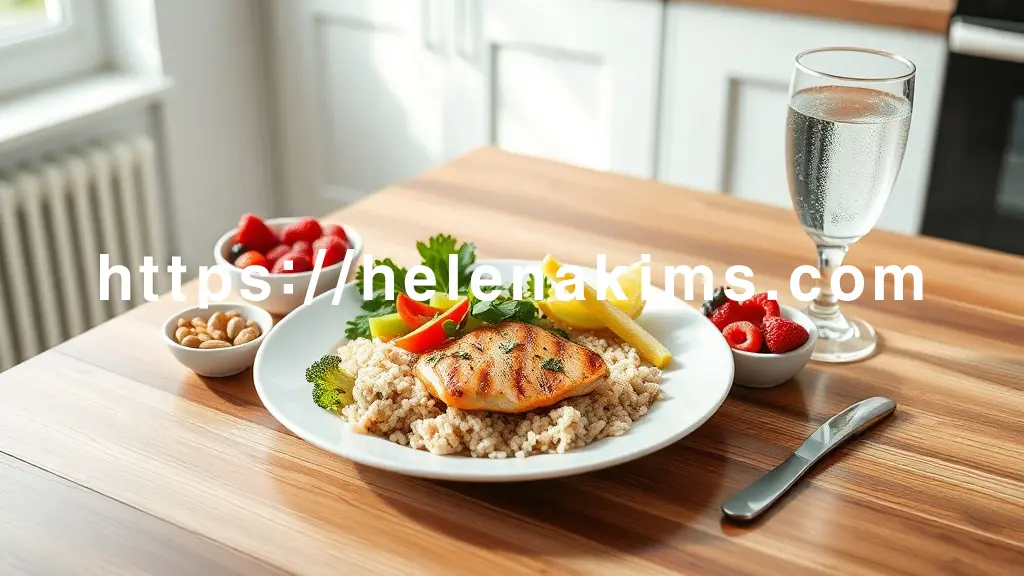 밝고 깨끗한 우드 테이블 위에 정갈하게 소분된 소량의 건강한 식사(예: 현미밥, 구운 채소, 닭가슴살), 옆에는 신선한 베리류와 소량의 견과류가 담긴 작은 그릇, 그리고 투명한 유리잔에 담긴 맑은 물이 놓여있는 모습.