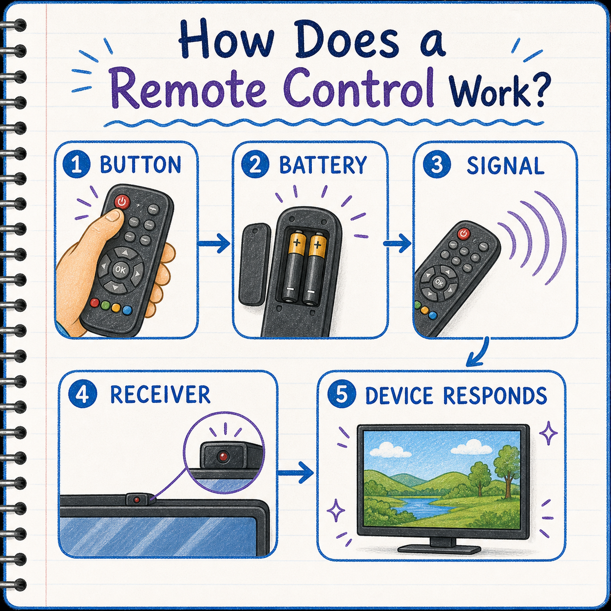 Infographic explaining remote control buttons, batteries, signal, receiver, and device response