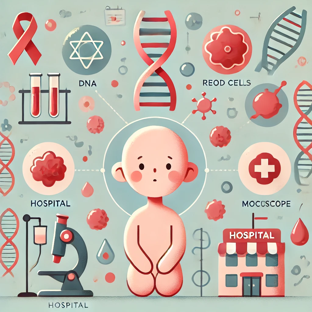 DNA, 병원, 현미경 등 소아암 관련 아이콘이 배치된 교육용 일러스트