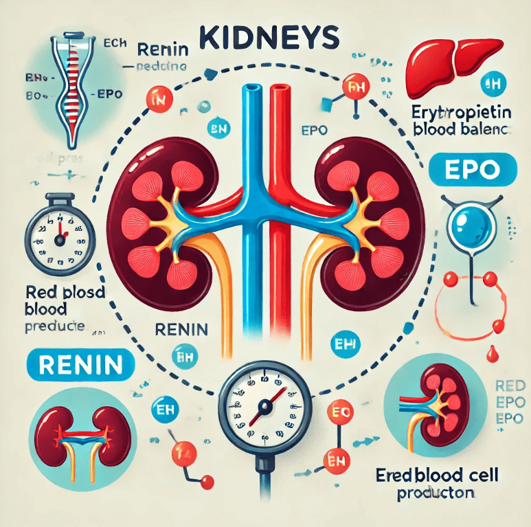 신장과 호르몬의 관계를 보여주는 교육적 삽화로 , 레닌과 에리트로포이에틴 (EPO) 의 역할을 강조한 그림