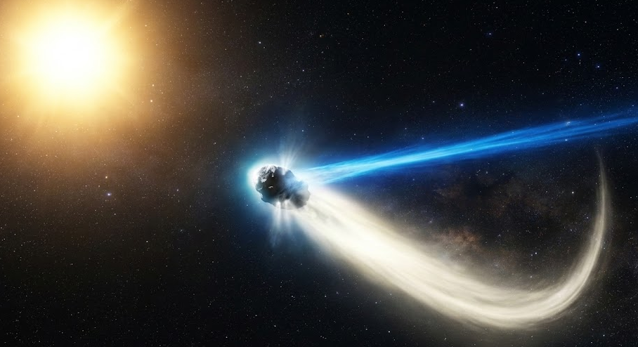 혜성의 두 꼬리 구조 &mdash; 푸른 이온 꼬리와 흰색 먼지 꼬리가 서로 다른 방향으로 뻗은 실제 천문 사진 스타일 일러스트