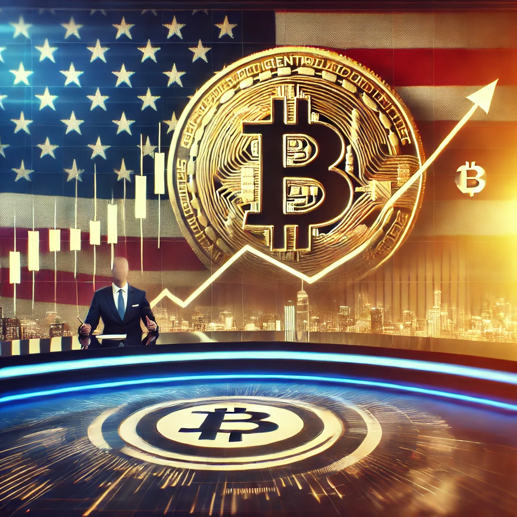 "급등락하는 주식 시장 차트와 비트코인 심볼이 함께 있는 금융 뉴스 스타일의 썸네일 이미지. 시장 변동성과 정치적 영향을 강조한 그래픽."