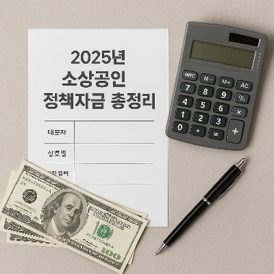 2025년 소상공인 정책자금 총정리 신청서, 계산기, 달러 지폐, 검정 펜이 깔끔하게 배치된 스튜디오컷 이미지