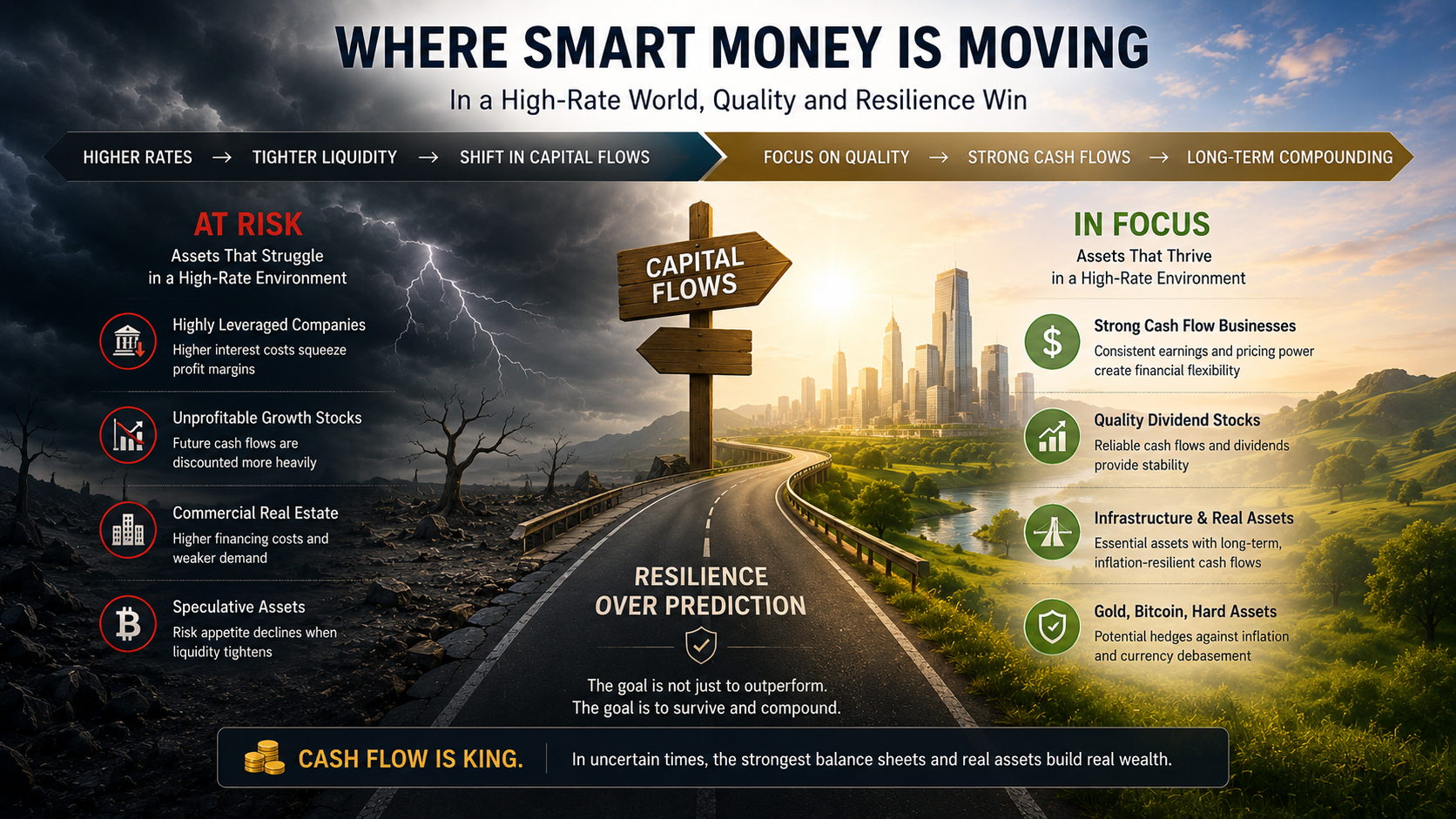 Investment roadmap illustrating how smart money shifts toward resilient assets and strong cash-flow businesses during a high-rate environment.
