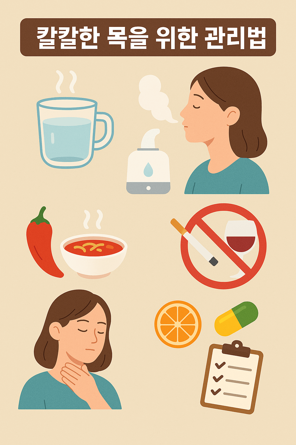 칼칼한 목을 위한 관리법을 표현한 이미지들