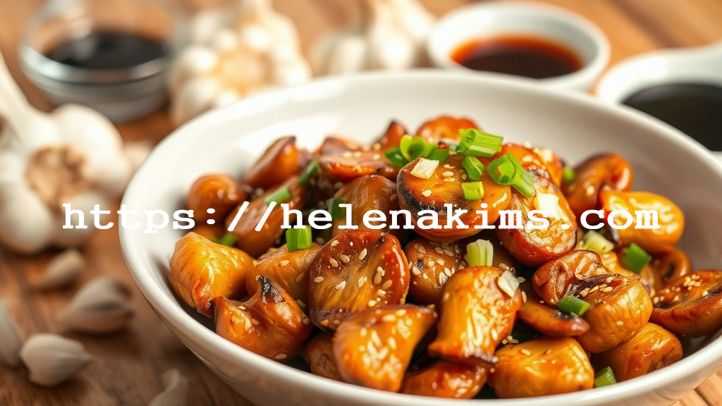 하얀 접시에 표고버섯 볶음이 담겨 있는 모습.