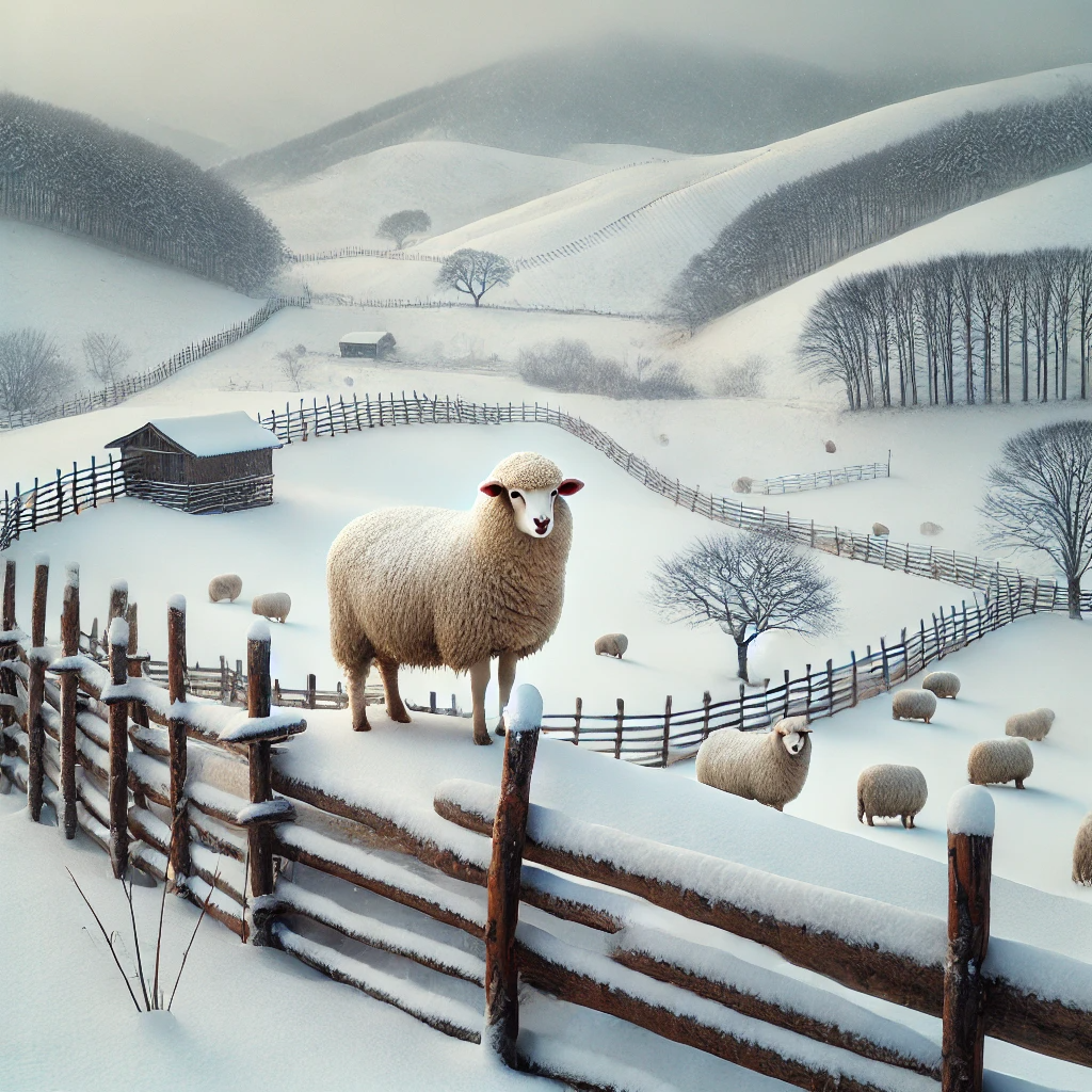 강원도 평창 대관령 양떼목장의 겨울 풍경, 눈으로 덮인 언덕과 나무들이 고요한 분위기를 자아내는 모습