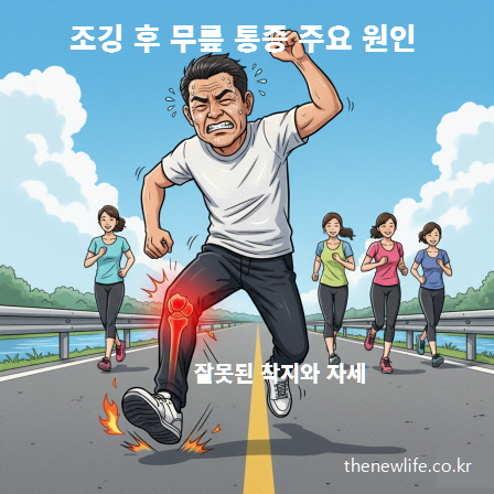 조깅 후 무릎 통증 주요 원인, 잘못된 착지와 자세로 달리다 무릎을 붙잡는 남성