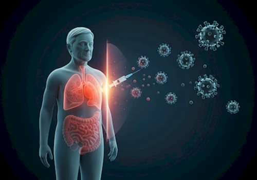 정보 전달 일러스트 스타일로 그린&amp;#44; 아렉스비 백신 접종 후 60세 이상 어르신의 몸 주변에 RSV 바이러스로부터 보호하는 방어막이 생긴 모습.