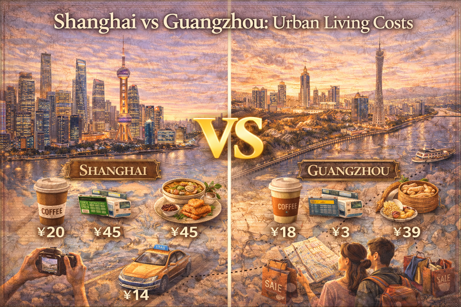 상하이와 광저우 도심 물가 사진