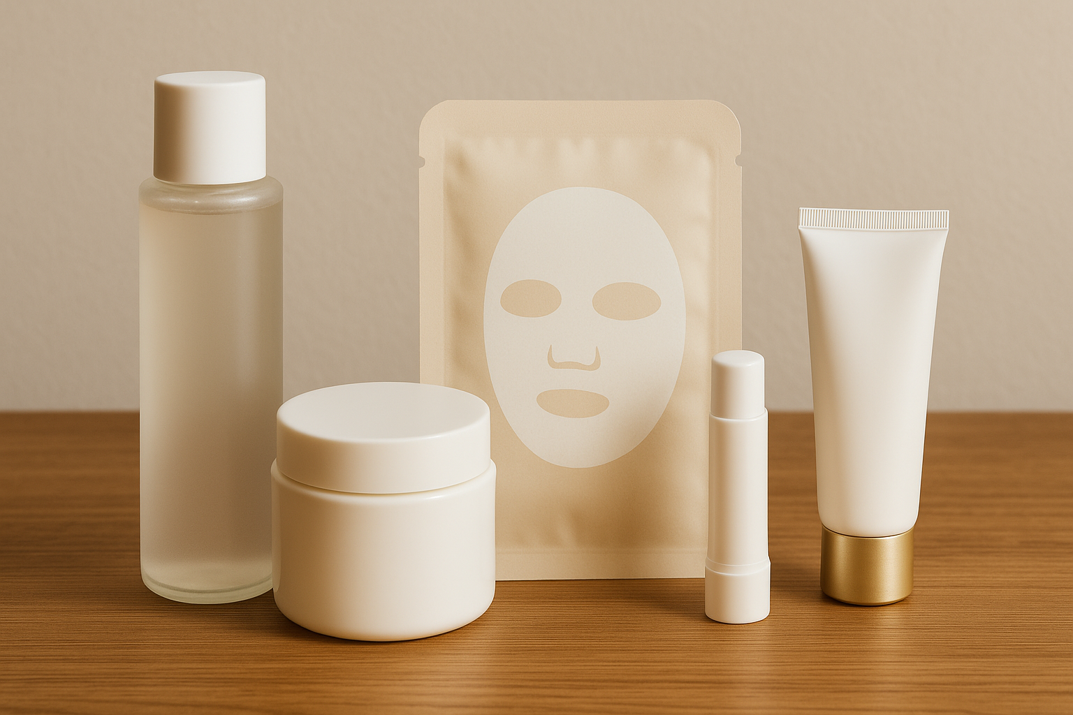 화장대 위에 글리세린이 함유된 화장품 스킨, 크림, 마스크팩, 립밤, 핸드크림이 놓여 있는 이미지