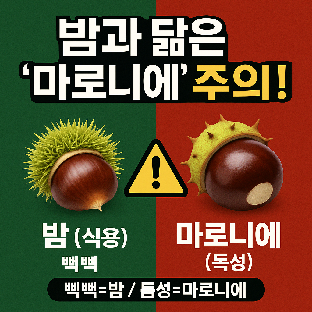 &ldquo;밤 vs 마로니에 한눈 구별 &mdash; 가시 밀도&middot;꼭지&middot;배꼽 차이