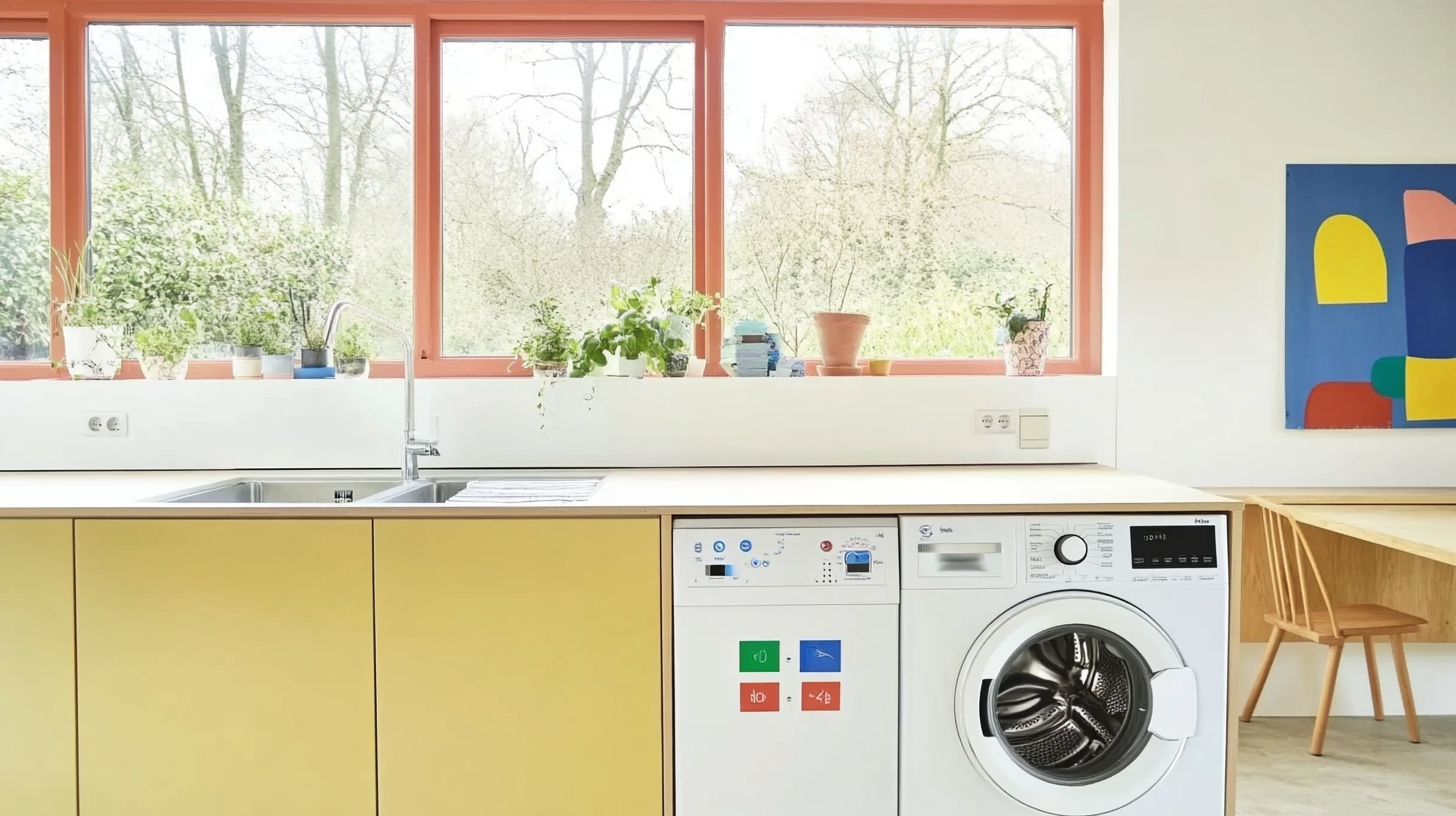 에너지 효율 등급이 있는 사용자 친화적인 디지털 제어 패널을 갖춘 스마트 홈 세탁기가 세련된 주방에 배치되어 있습니다.