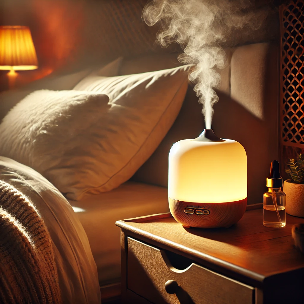 아로마 디퓨저에서 연기가 피어오르고, 침실에 퍼진 편안한 분위기 연출