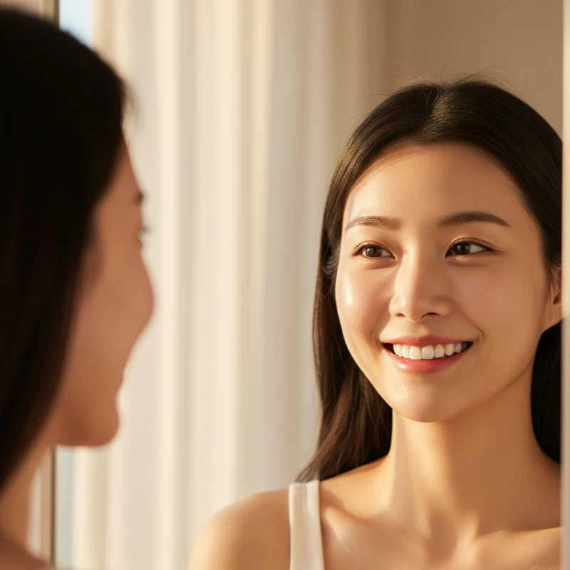 금연 후 4주 만에 맑은 안색과 생기 넘치는 피부를 되찾아 거울을 보며 미소 짓는 여성의 모습