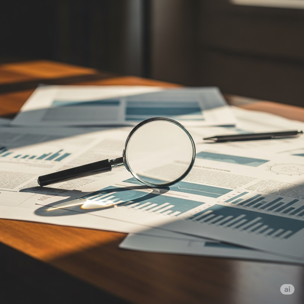 체계적 문헌 고찰을 상징하는 과학 연구 자료와 돋보기