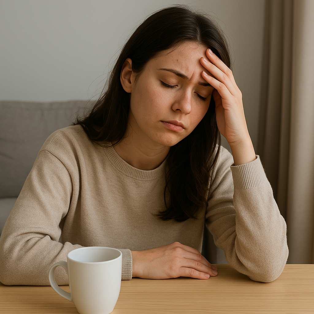 "피곤한 표정으로 이마를 짚고 있는 젊은 여성. 베이지색 니트를 입고 테이블에 앉아 있으며, 앞에는 머그컵이 놓여 있다. 자연광이 비치는 차분한 실내 분위기 속에서 지친 일상을 표현한 모습."