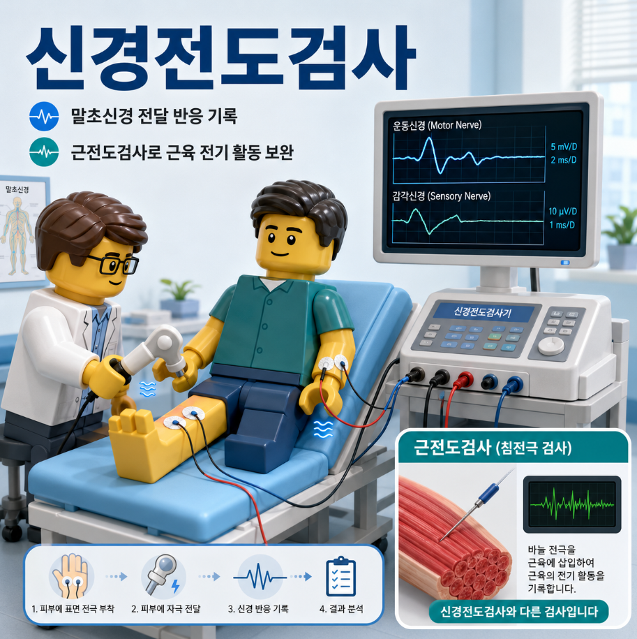 신경전도검사와 침 근전도검사의 역할을 설명하는 레고 스타일 의료 인포그래픽