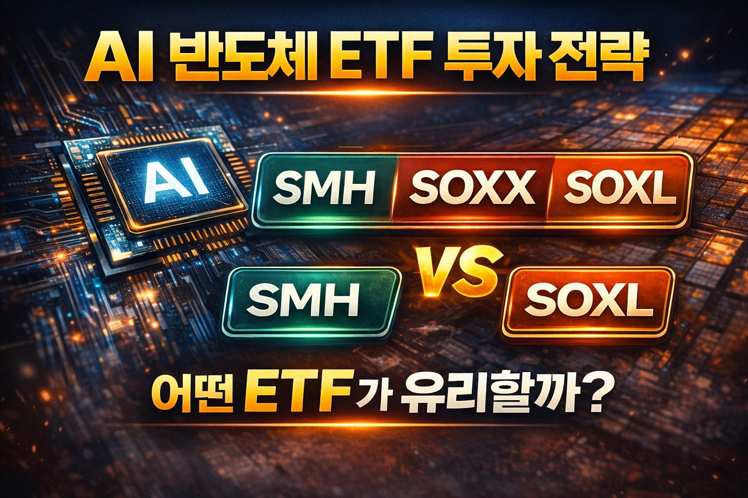AI 반도체 ETF 투자 전략을 설명하는 썸네일 이미지로 SMH, SOXX, SOXL 반도체 ETF 비교와 투자 선택을 나타낸 이미지