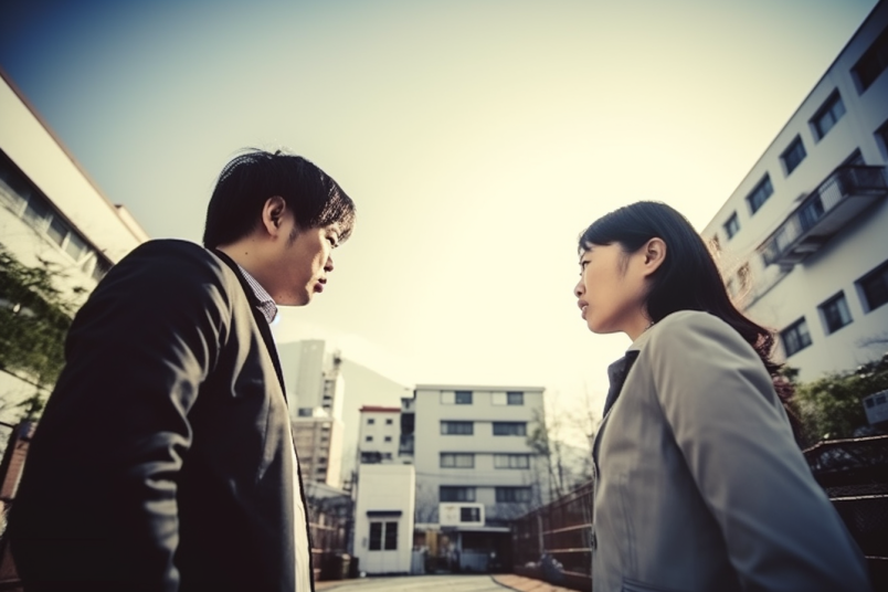 Conflict between an Korean Asian man and woman with disagreement and rejection