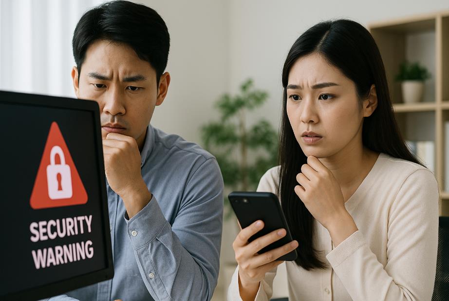 컴퓨터와 스마트폰에 표시된 개인정보 보안 경고 알림을 주시하는 남녀