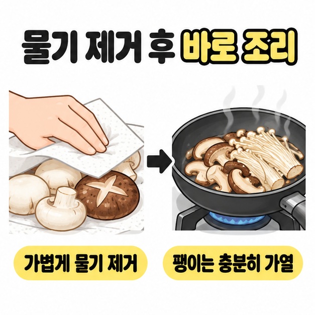 키친타월로 버섯 물기를 가볍게 제거하는 장면에서 표고와 팽이버섯을 팬에 익히는 장면으로 이어지는 그림