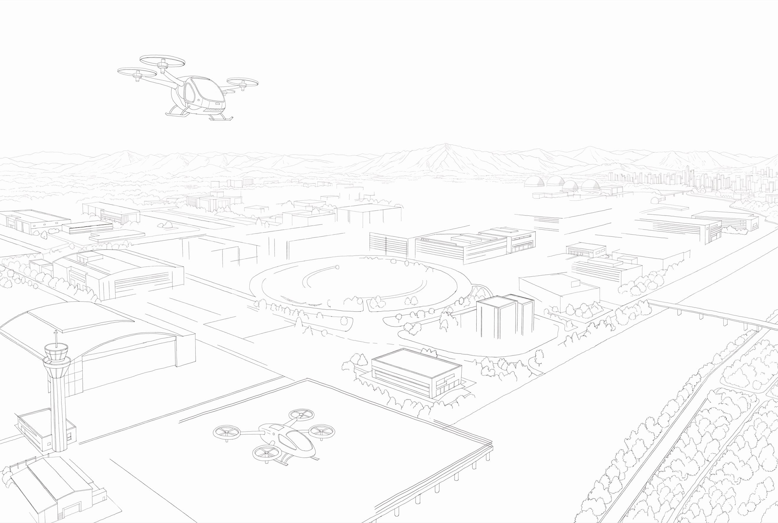▲ 더그린맵 작 ❘ 진주 미래 첨단산업단지 상상 조감도 &ndash; 스케치 초안 단계 2