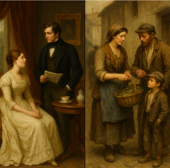 19세기 프랑스의 귀족층과 서민층의 일상을 대비한 이미지입니다.