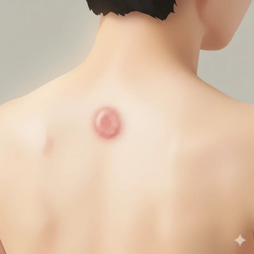 장미색비강진의 첫 징후인 원발반(크고 타원형의 분홍색 병변)이 등에 있는 모습을 클로즈업한 일러스트레이션.