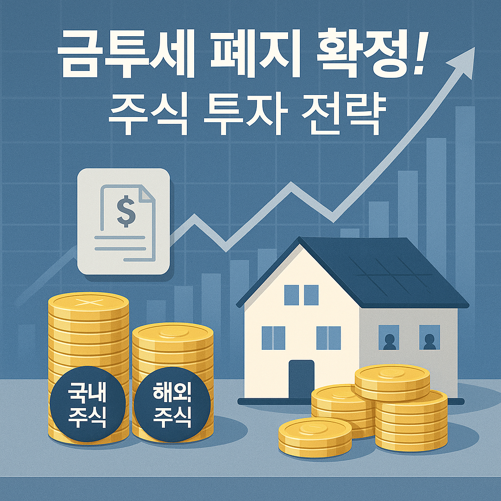 금투세 폐지 확정 문구와 상승하는 주식 차트, 국내·해외 주식 동전 더미가 있는 금융 인포그래픽