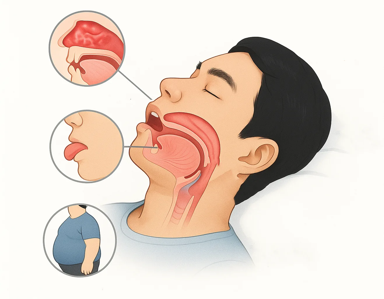 코막힘, 작은 턱, 혀 위치, 근육 이완, 비만 등으로 인해 입을 벌리고 자는 원인