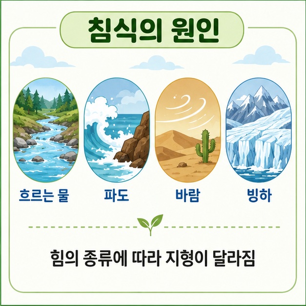 흐르는 물과 파도, 바람, 빙하가 각각 강과 해안, 건조지역, 빙하지형에서 침식을 일으키는 모습을 보여 주는 그림