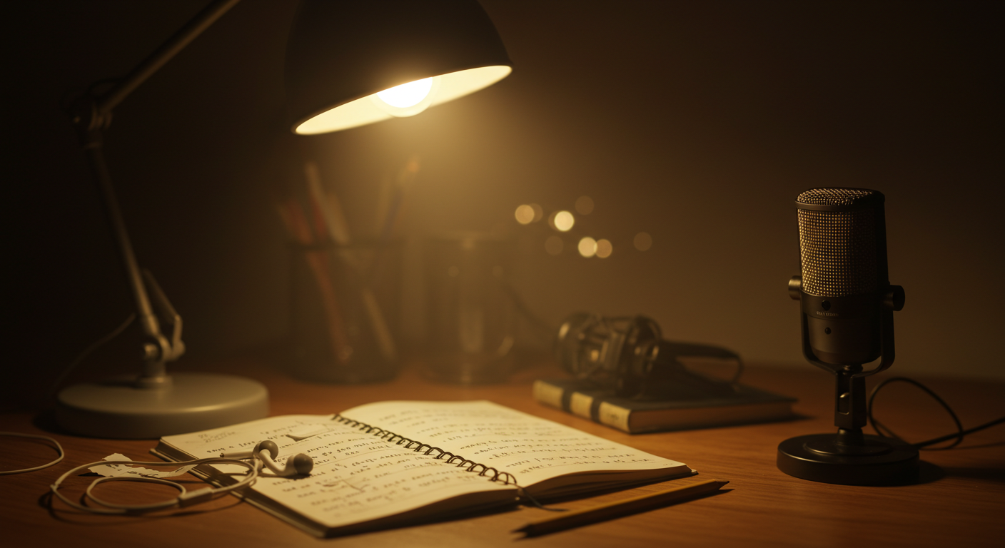 따뜻한 조명의 책상 위, 노트와 연필, 이어폰과 마이크, 악보 조각이 놓인 가사 작업 풍경을 묘사한 대표 이미지