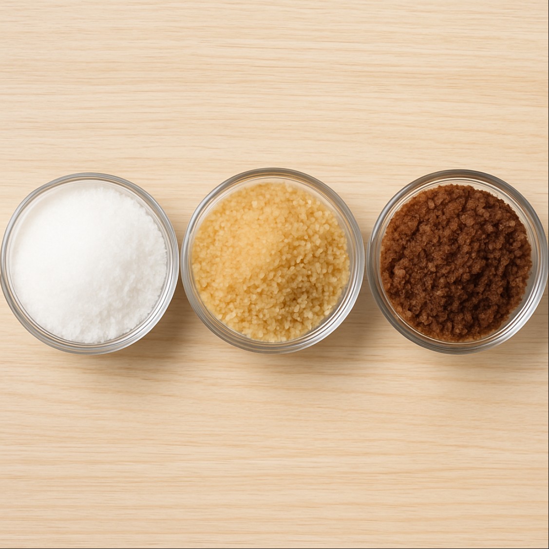 설탕 종류 비교를 위한 백설탕 황설탕 흑설탕 이미지