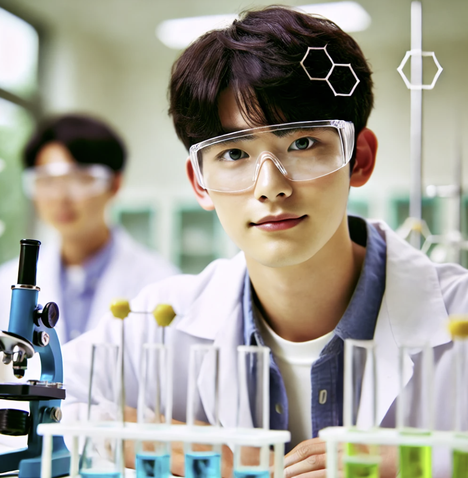 대학 실험실에서 화학 실험을 하는 학생의 모습. 