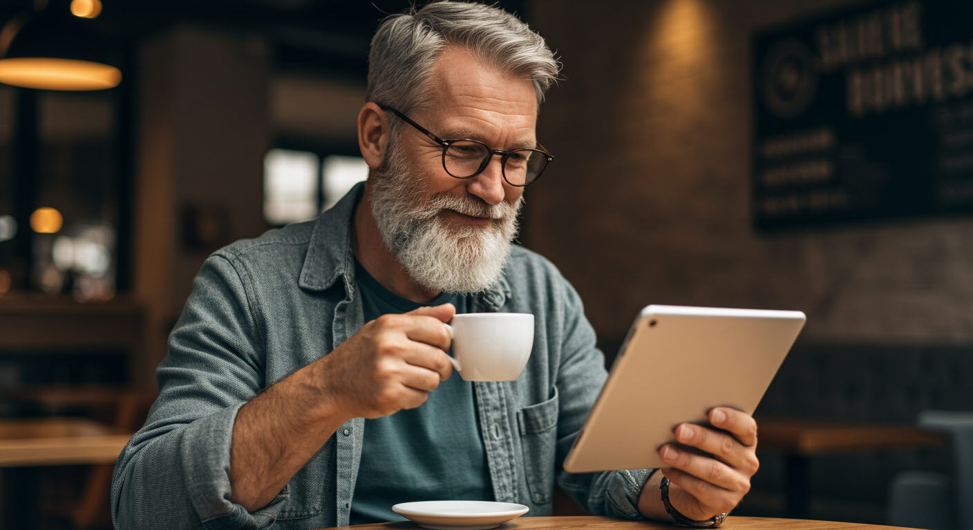 남자어르신 한분이 카페에 앉아 커피를 마시면서 한손에 pad 를 들고 미소를 띠고 있는 모습 