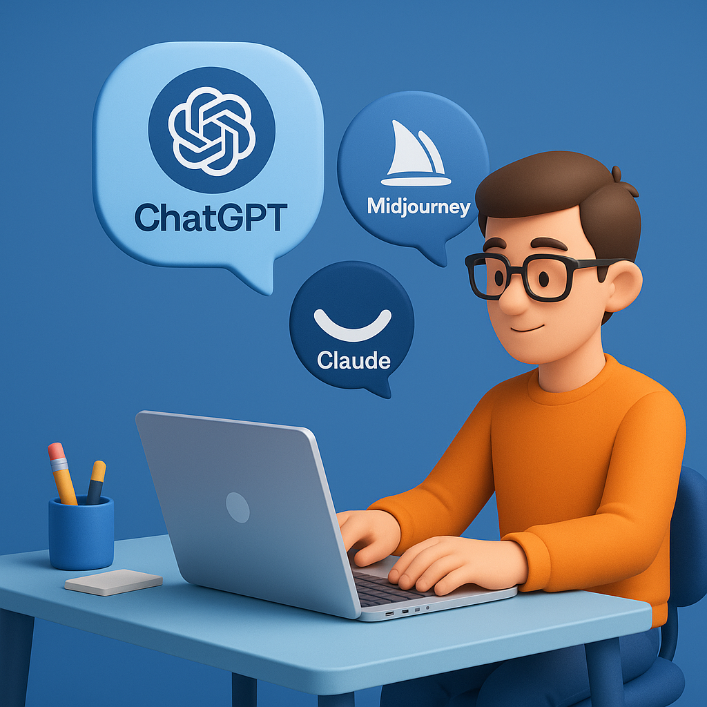 책상에 앉아 AI (ChatGPT, Midjourney 등)를 활용 중인 남성 모습의 그림