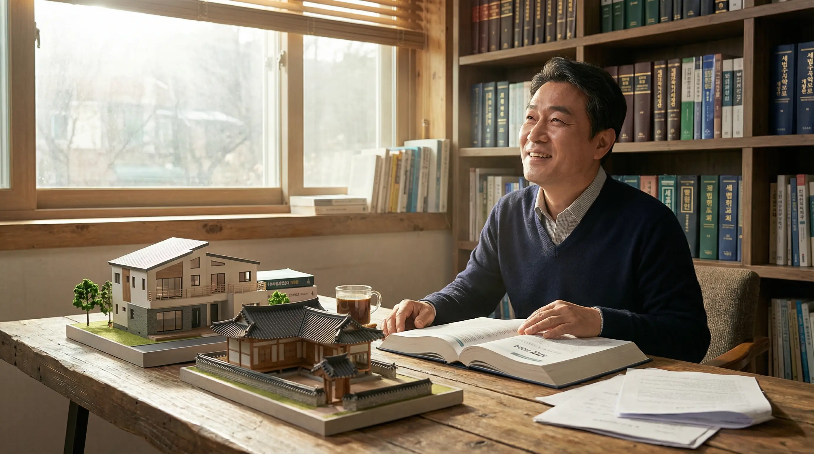 두 채의 집 모형을 놓고 고민하는 상속인이 세법 책을 펼쳐보며 안도하는 모습