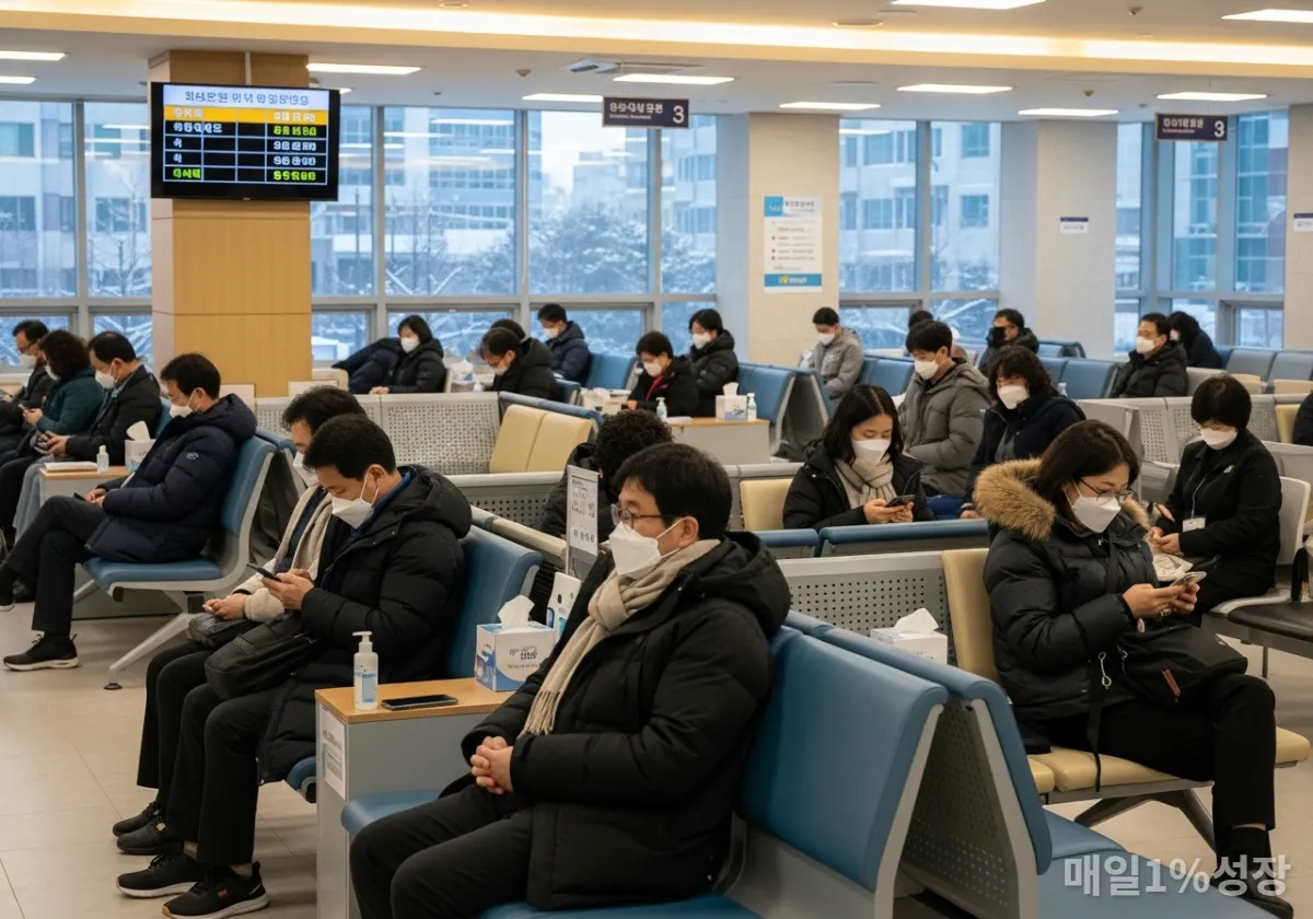 겨울철 독감 유행으로 붐비는 한국의 병원 대기실 풍경