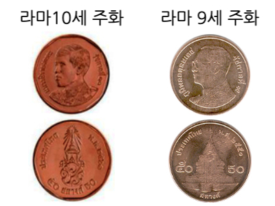 태국 50사땅 라마 10세 주화와 라마 9세 주화