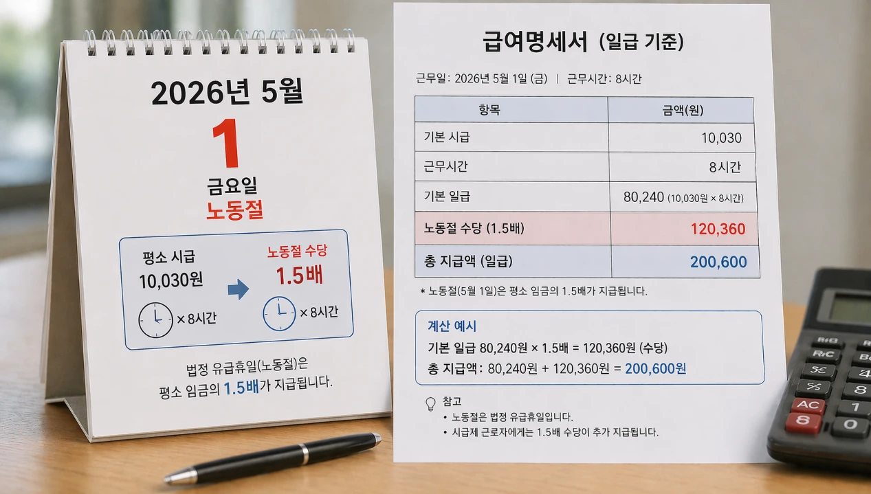 월급제 근로자가 노동절에 1.5배의 추가 수당을 받는 개념을 설명하는 달력과 명세서 이미지.