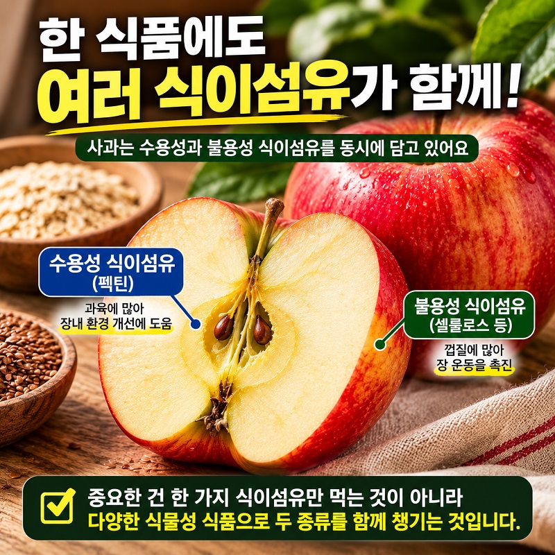 껍질과 과육이 함께 보이는 사과와 여러 형태의 식이섬유를 포함한 식품