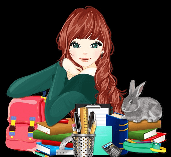 긴 갈색머리 여학생이 책가방과 문구류가 가득한 책상 위에서 밝게 웃는 그림이다. 소녀의 눈은 초록색이고 스웨터는 짙은 녹색이다.