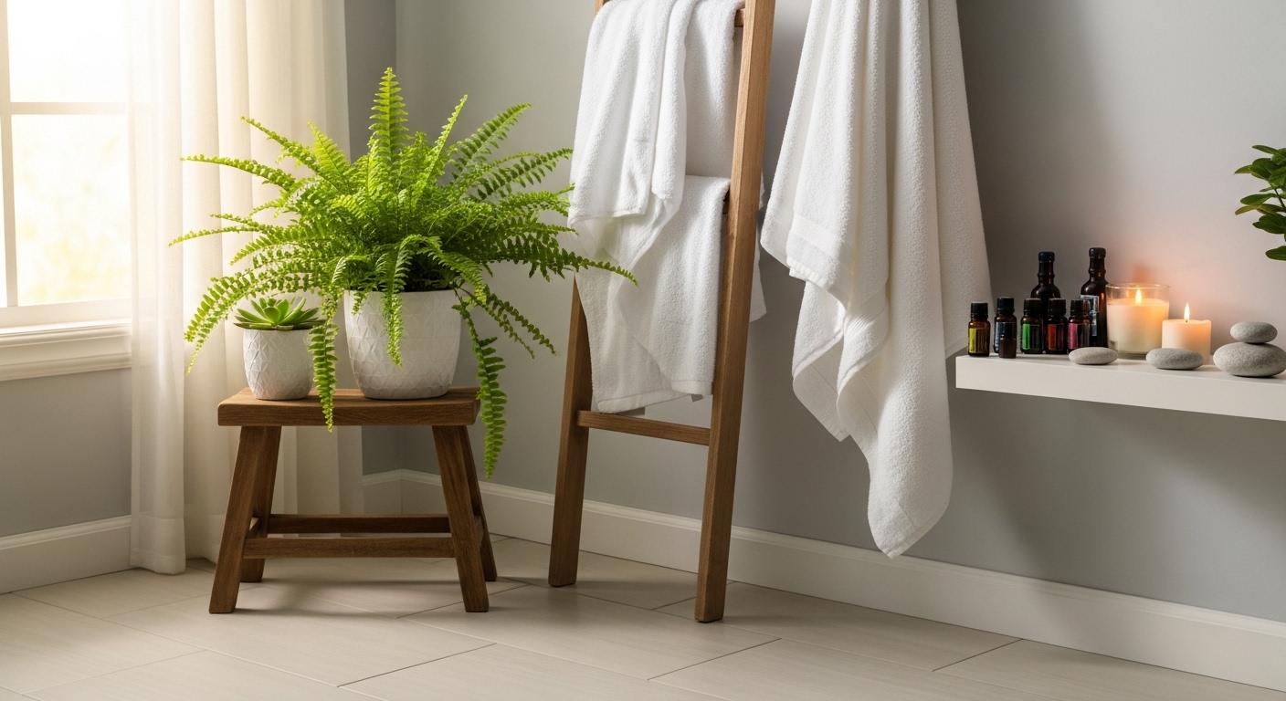 방 안에 젖은 수건과 초록색 식물들이 조화롭게 배치된 아늑한 모습